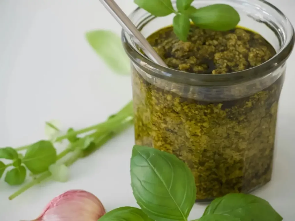 A flat lay of basil leaves with pesto sauce in a jar.