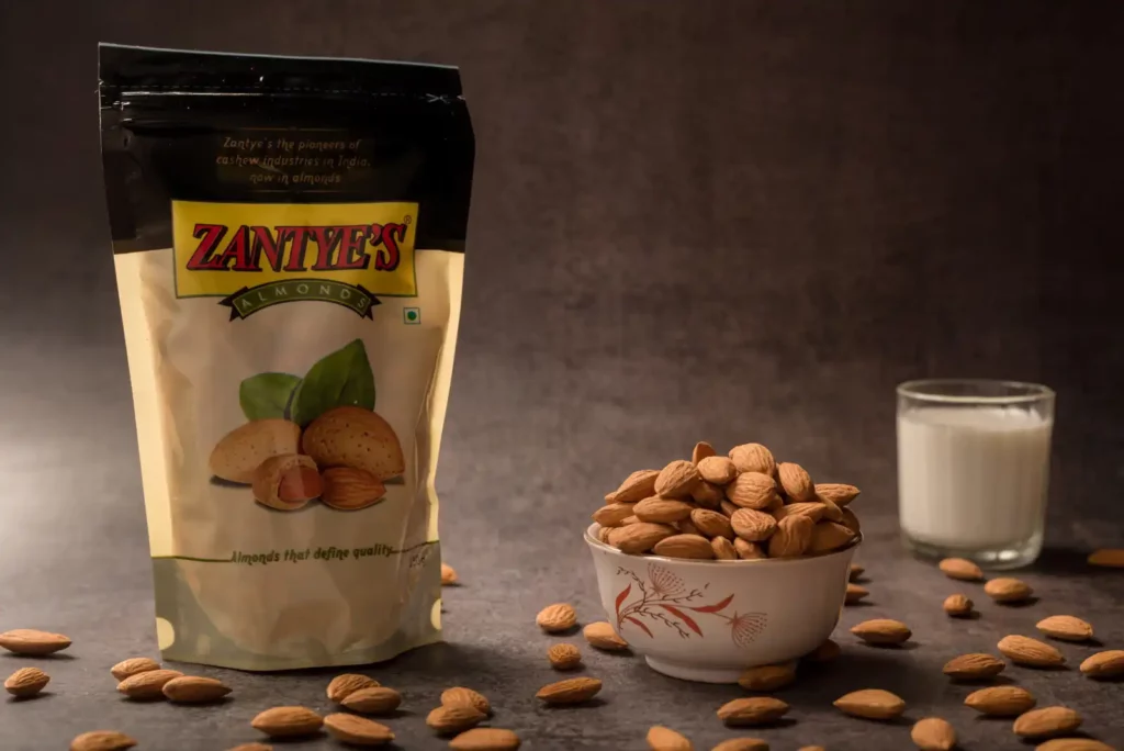 Zantye’s high-quality almonds and milk on a table